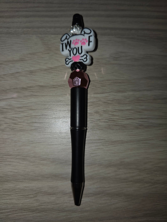 I Woof You Pen, Black with Pink Bead