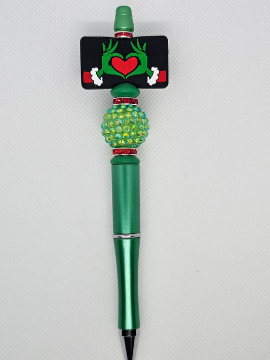 Grumpy Green Hand Heart Beaded Pen