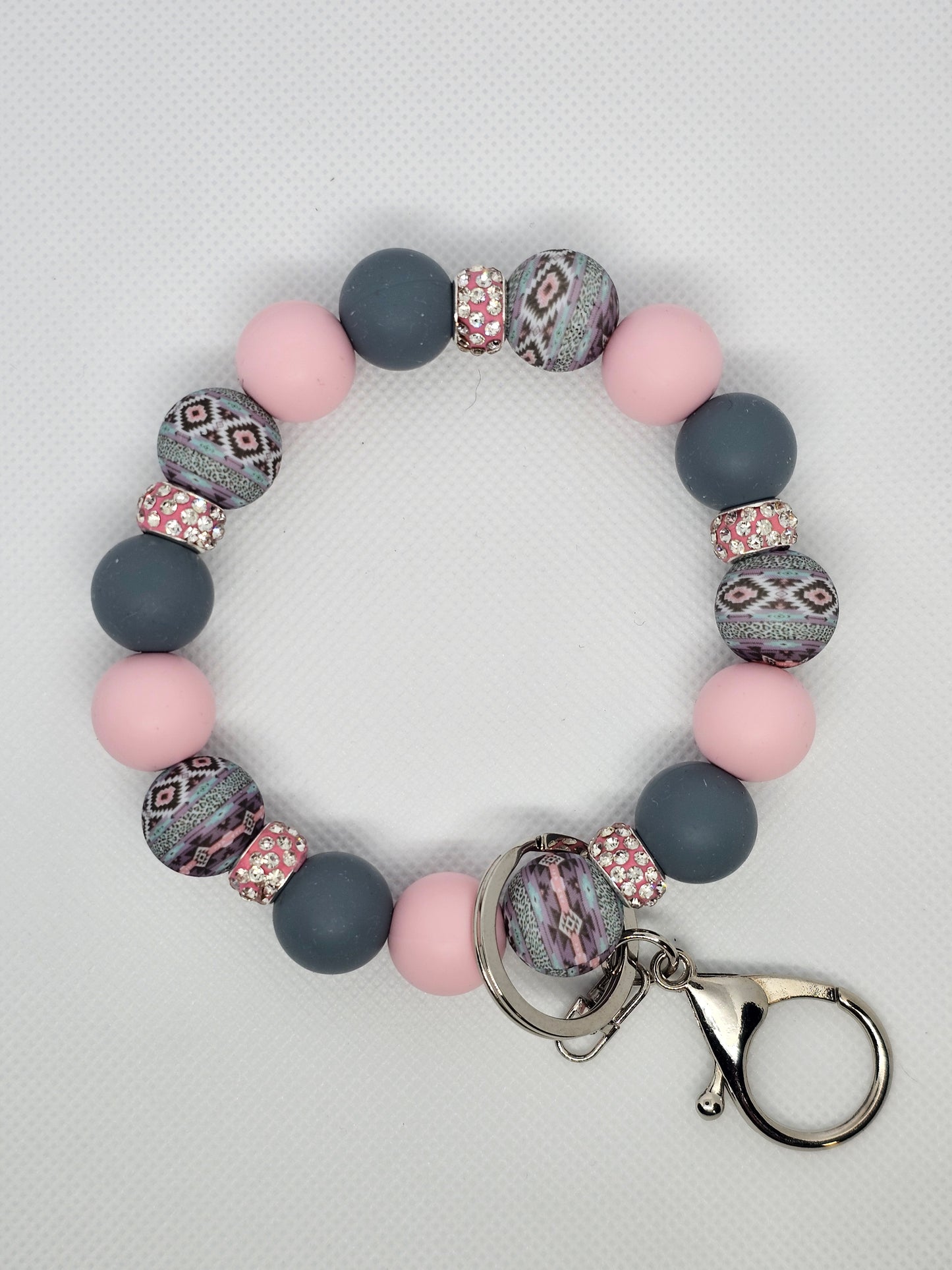 Pink & Grey Aztec Wristlet Keyring