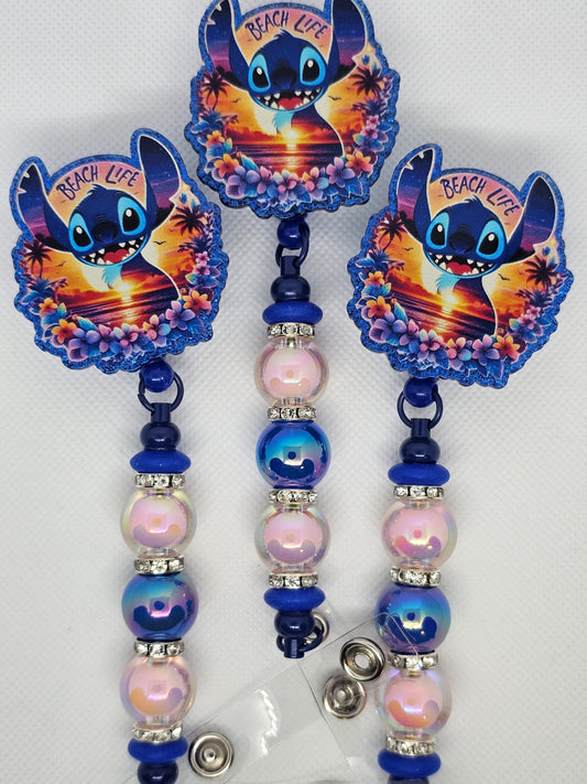 Blue Alien Beaded Badge Reel